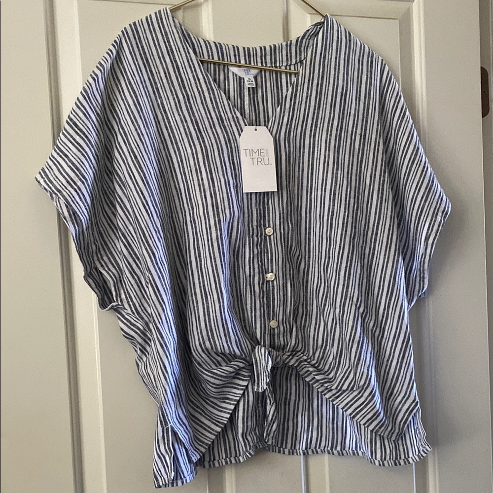 Time and Tru Blue and White Button Down Shirt with Dolman Sleeves